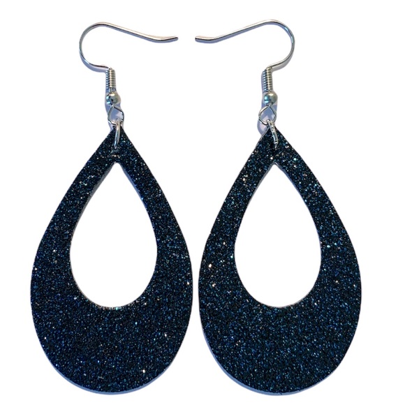 🖤Pick Any 3 for $12🖤 Faux Leather Teardrop Earrings Blue & Black Fine Sparkle - Picture 2 of 5